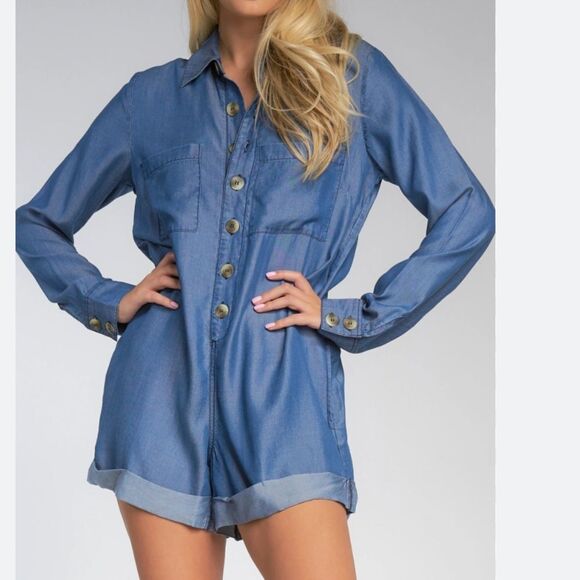 NWOT Elan Denim Lyocell Chambray Drop Waist Cuffed Playsuit Romper Shorts S - Picture 1 of 16